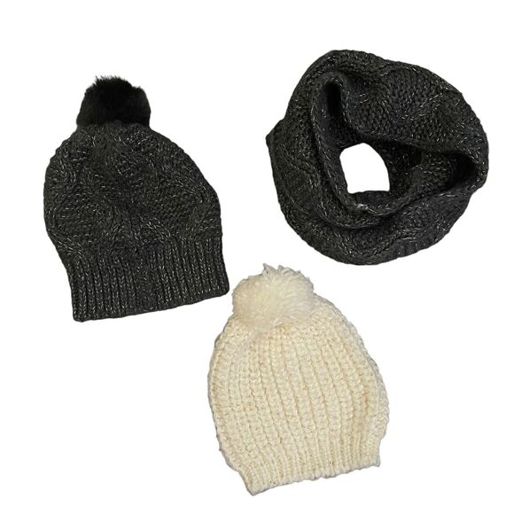 HM Sweater Knit Beanie Hat Infinity Scarf Set Ivory Gold Sequins Gray Metallic - Picture 1 of 11